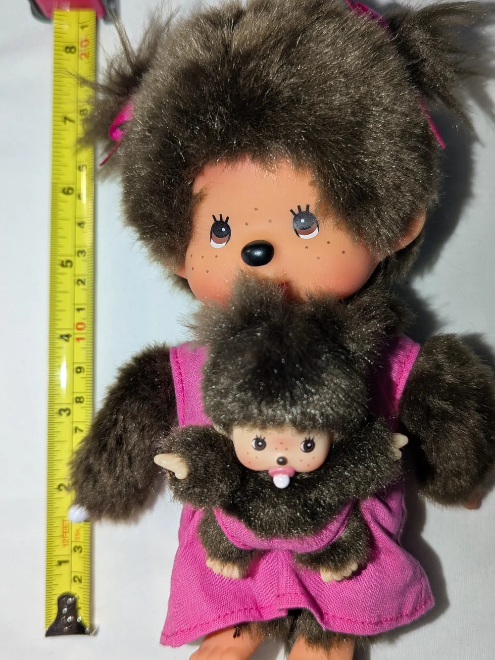 Monchhichi Doll with Baby in Pouch Pink Dress